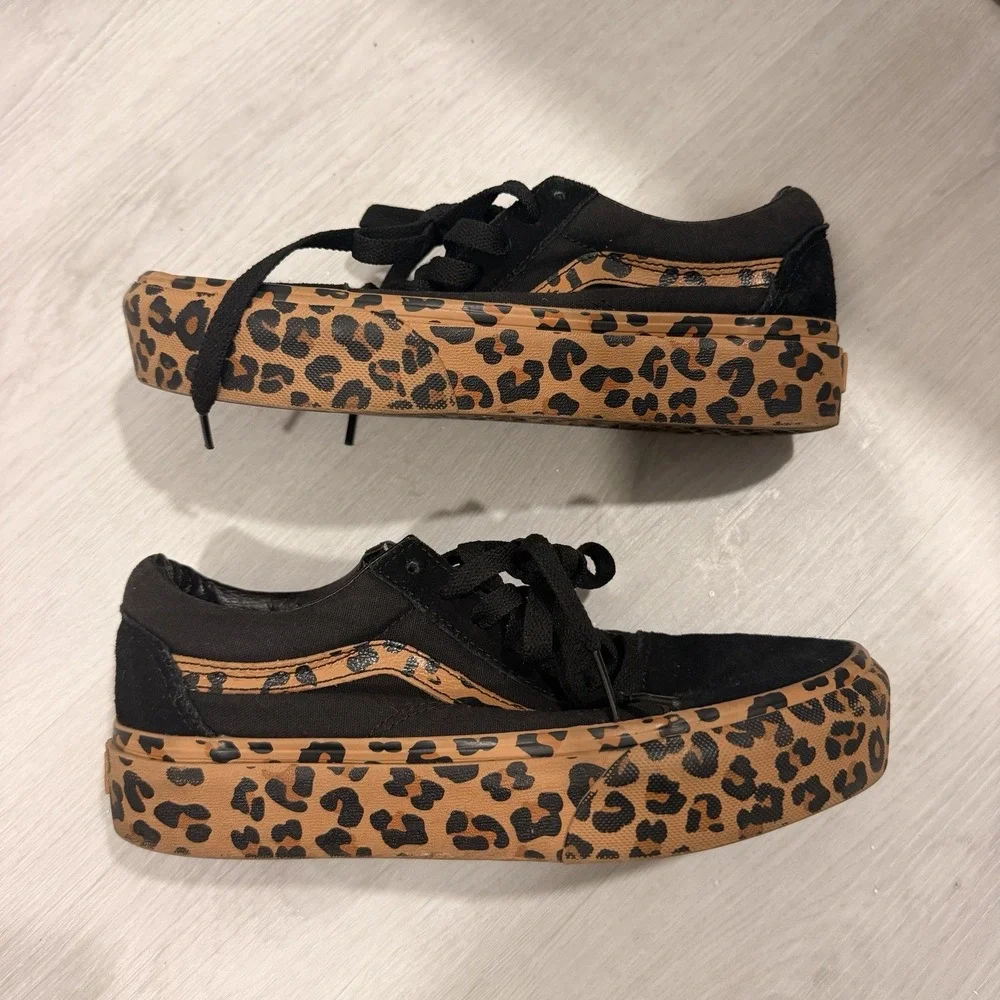 Vans Old Skool Platform Womens 7 Black Brown Leopard Cheetah Sneakers 721356